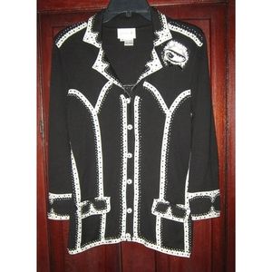Just B M Cardigan Sweater Knit Blazer Jacket Beaded Button Pockets Black White